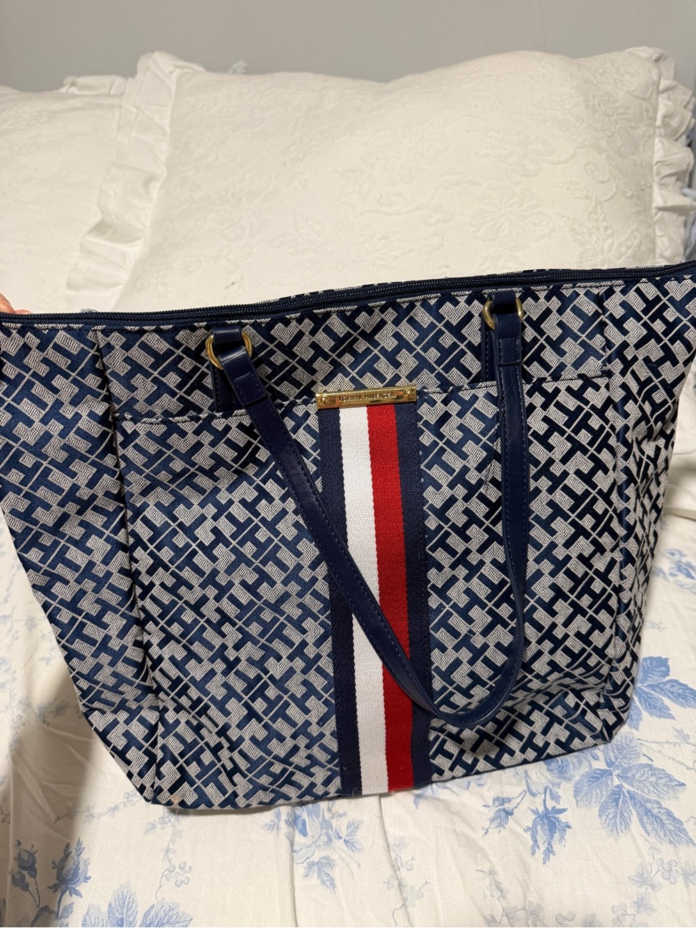 Tommy Hilfiger Navy Patterned Tote with Red-White-Blue Stripe